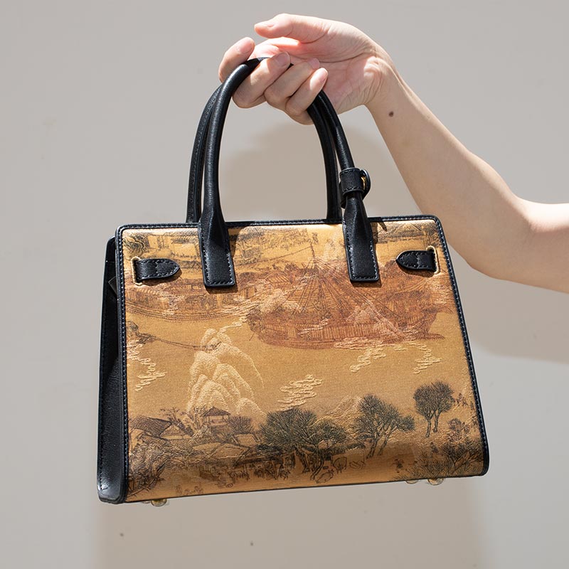 Handmade Fragrant Cloud Silk Vintage Black Leather Kelly Bag Chinese Painting