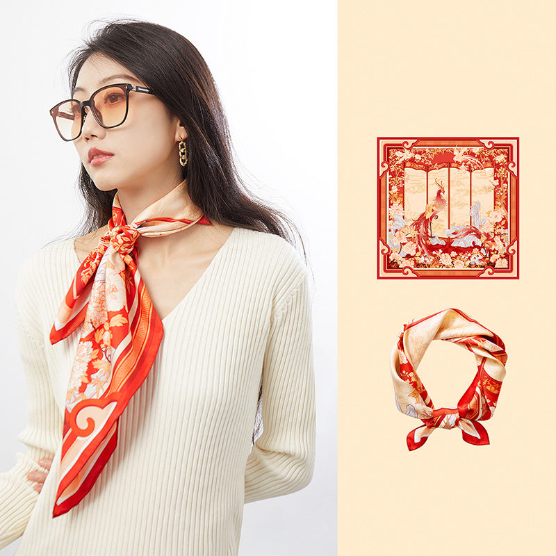 Palace Museum Peacock Blossoms Silk Square Scarf 63.5-Scarf-SinoCultural-Red-SS011R-SinoCultural