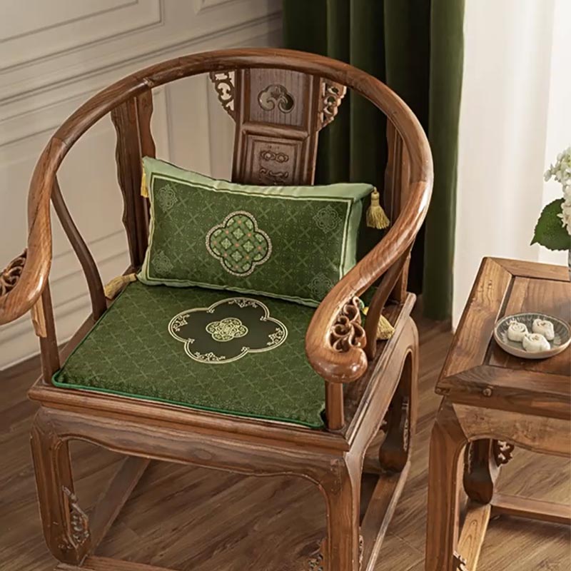 Chinoiserie Dark Green Vintage Short Plush Chair Cushion - SinoCultural