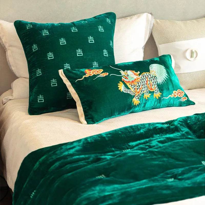 Chinoiserie Embroidery Vintage Green Velvet Throw Pillow - SinoCultural -- SJZBZ071A - 