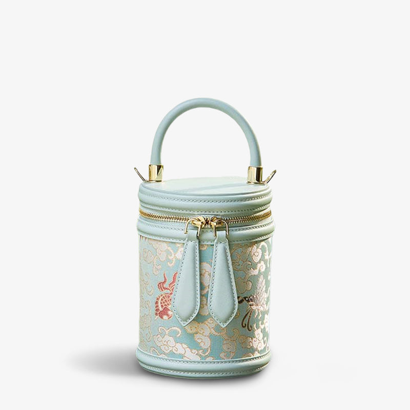 Song Brocade Leather Bucket Cylinder Bag-Bucket Bag-SinoCultural-SinoCultural
