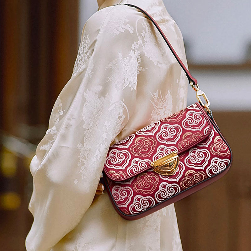 Embroidery Leather Shoulder Flap Bag Auspicious Cloud-Shoulder Bag-SinoCultural-SinoCultural