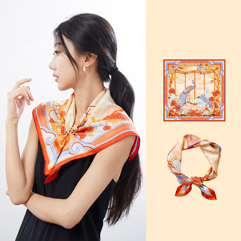 Palace Museum Peacock Blossoms Silk Square Scarf 63.5-Scarf-SinoCultural-Orange-SS011O-SinoCultural