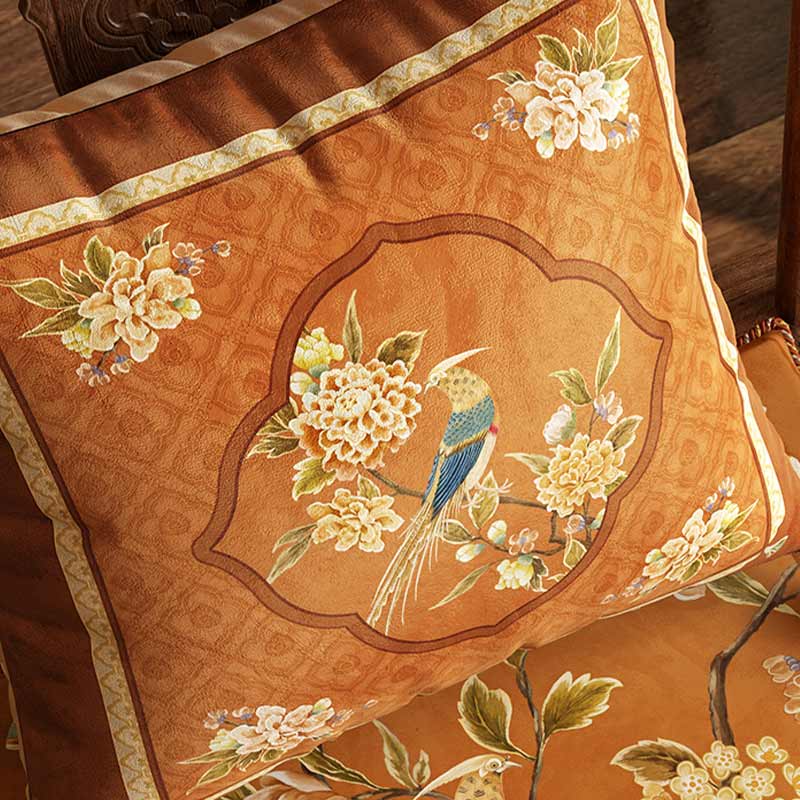 Chinoiserie Orange Chirp High-end Wooden Chair Cushion - SinoCultural