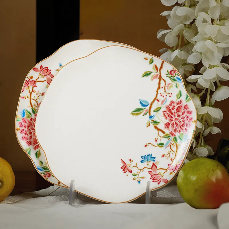 8’’ square bone china dinner plate displayed upright.
