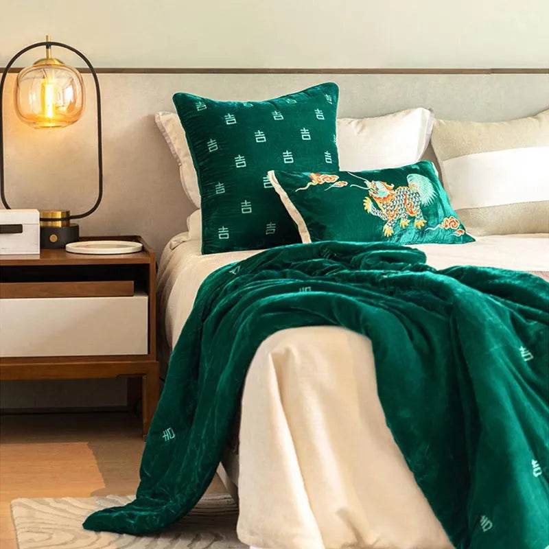 Chinoiserie Embroidery Vintage Green Velvet Throw Pillow - SinoCultural -- SJZBZ071A - 
