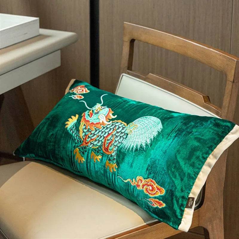 Chinoiserie Embroidery Vintage Green Velvet Throw Pillow - SinoCultural -- SJZBZ071A - 