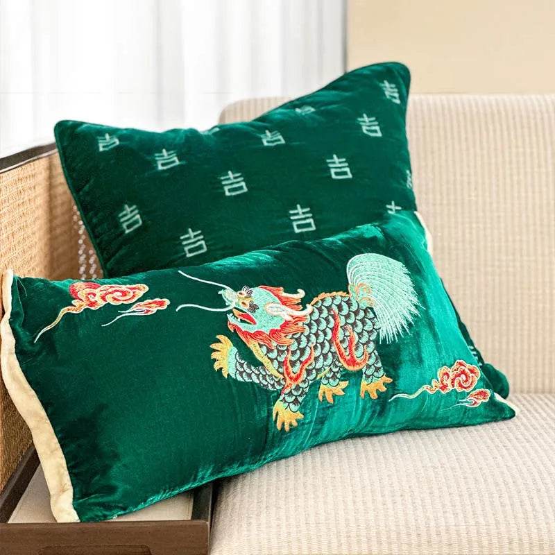 Chinoiserie Embroidery Vintage Green Velvet Throw Pillow - SinoCultural -- SJZBZ071A - 