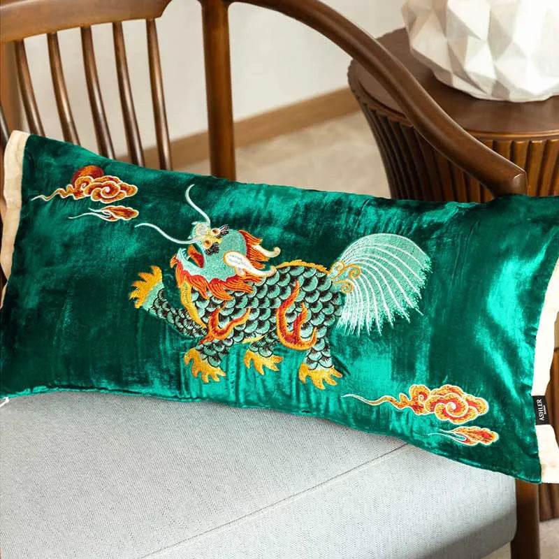 Chinoiserie Embroidery Vintage Green Velvet Throw Pillow - SinoCultural -- SJZBZ071A - 