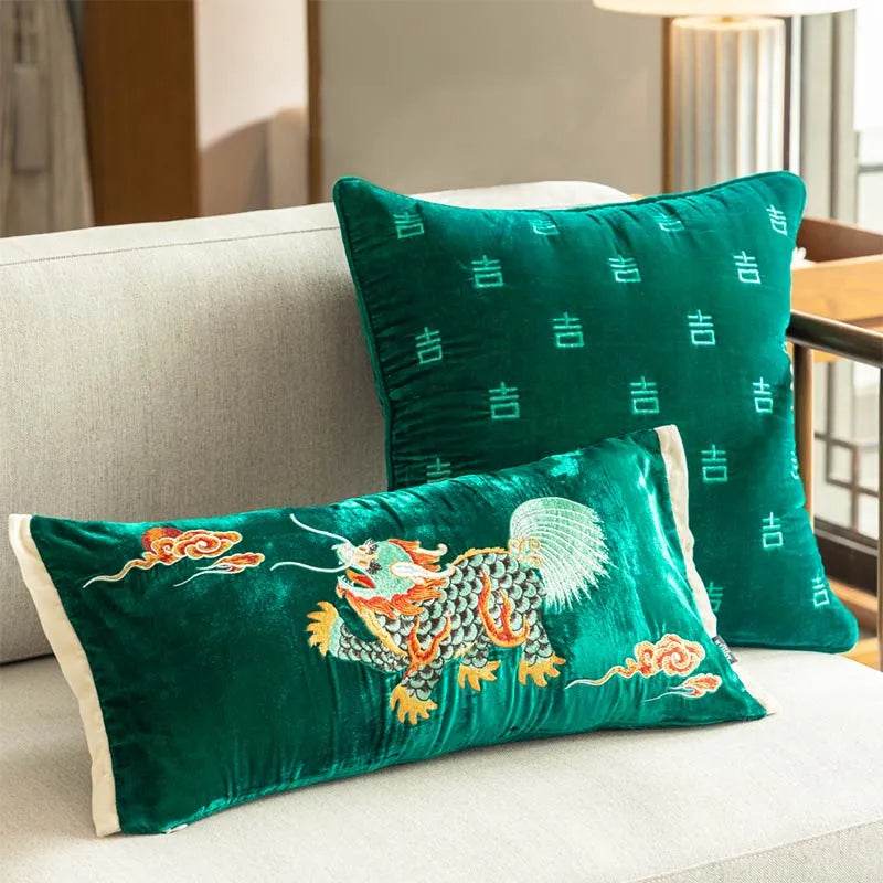 Chinoiserie Embroidery Vintage Green Velvet Throw Pillow - SinoCultural -- SJZBZ071A - 
