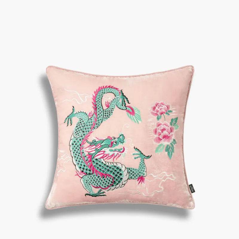 Chinoiserie Embroidery Loong and Peony Pink Throw Pillow - SinoCultural