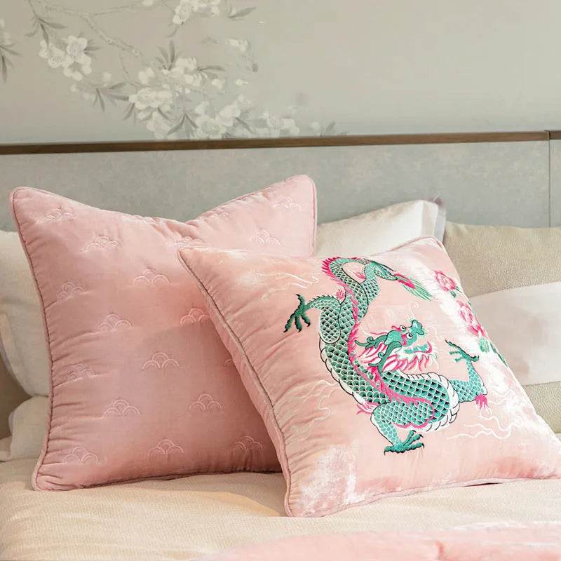 Chinoiserie Embroidery Loong and Peony Pink Throw Pillow - SinoCultural