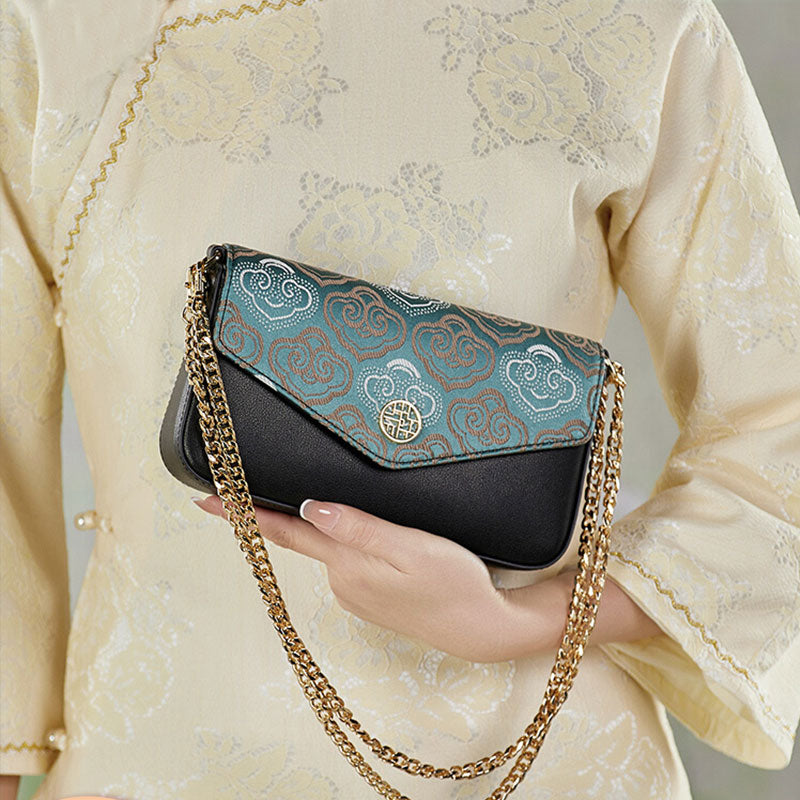 Embroidery Leather Flap Clutch Bag Auspicious Clouds-Shoulder Bag-SinoCultural-SinoCultural
