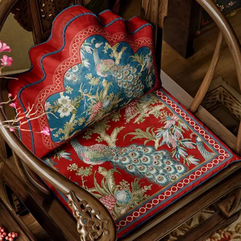 Chinoiserie Festive Red Peacock Luxe Lumbar Pillow - SinoCultural
