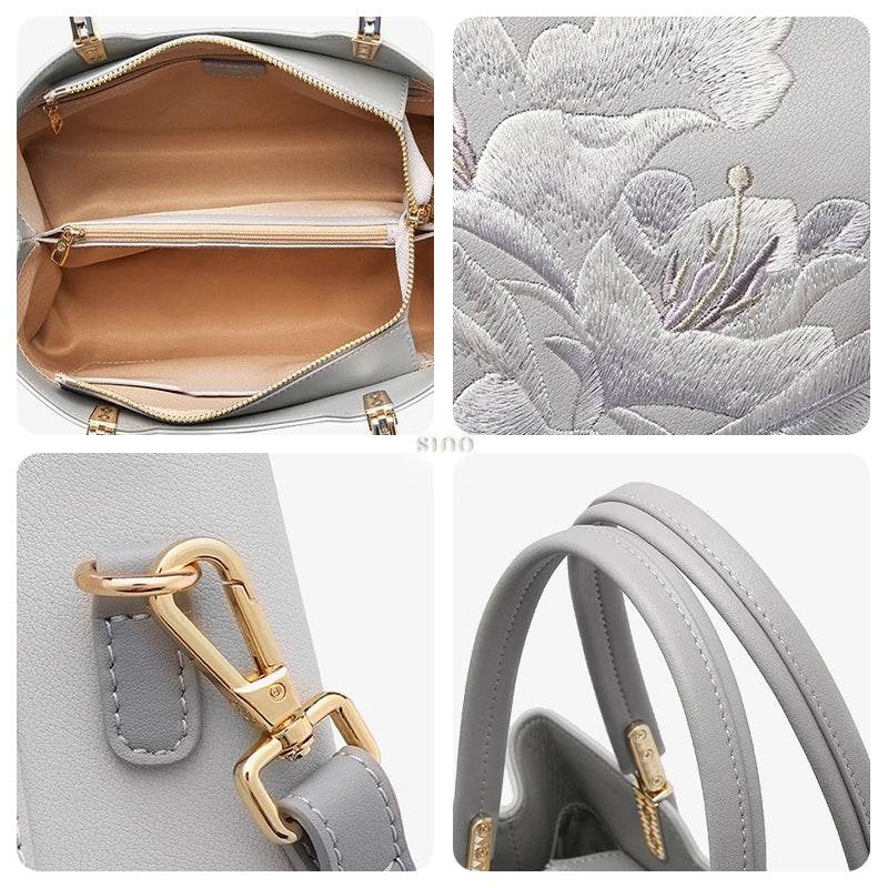 Embroidery Leather Grey Tote Bag Azalea Women Handbag - SinoCultural