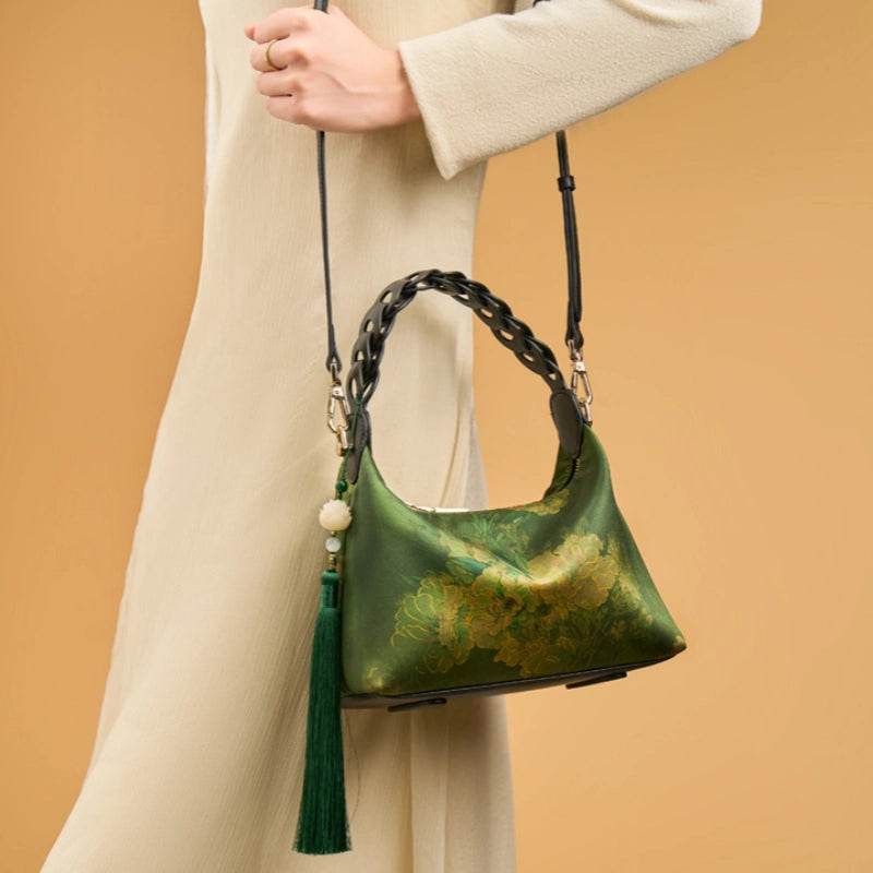 Xiangyunsha Silk Dark Green Mulberry Silk Shoulder Bag - SinoCultural