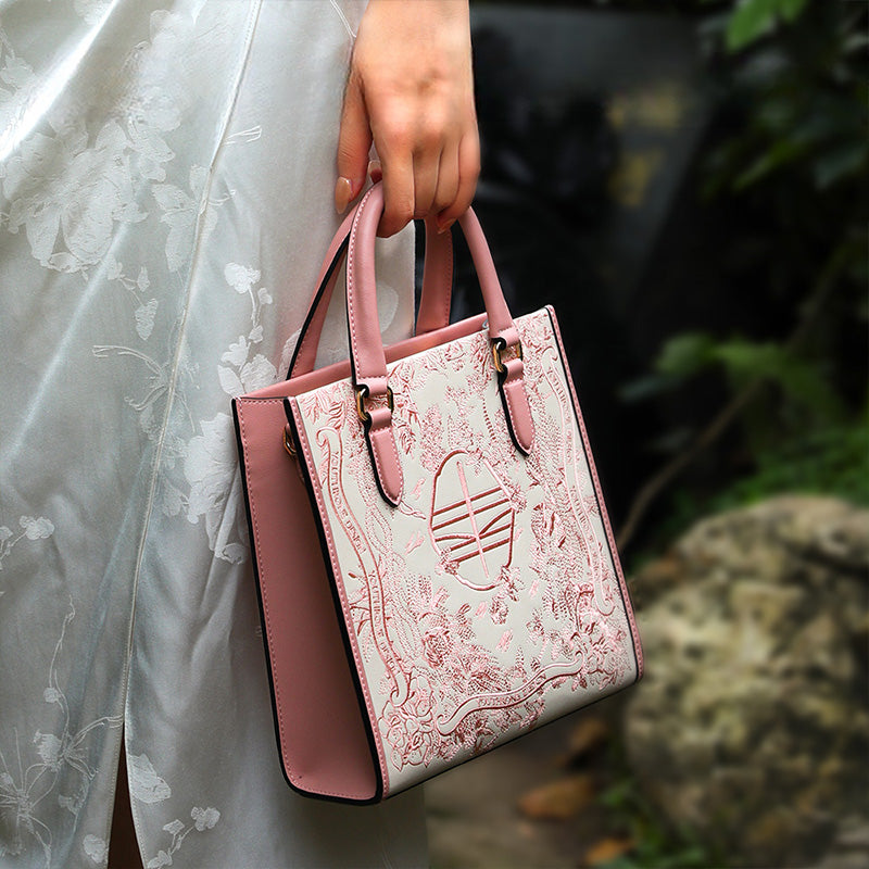 Embroidery Leather Tote Bag Dream Forest-Tote Bag-SinoCultural-SinoCultural