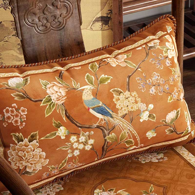 Chinoiserie Orange Chirp High-end Wooden Chair Cushion - SinoCultural