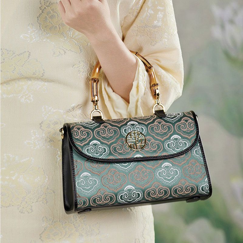 Embroidery Leather Handbag Zhuang Brocade Bamboo Handle-Handbag-SinoCultural-SinoCultural