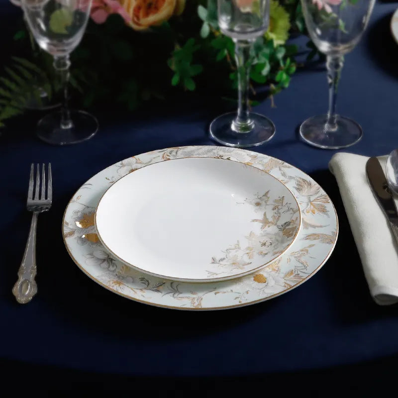 45° elegant dining scene: Luxury Bone China Platter with cutlery and wine glass.
