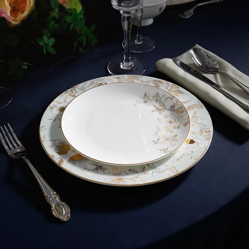 Eye-level perspective: Chinoiserie Bone China Platter with dining accessories.