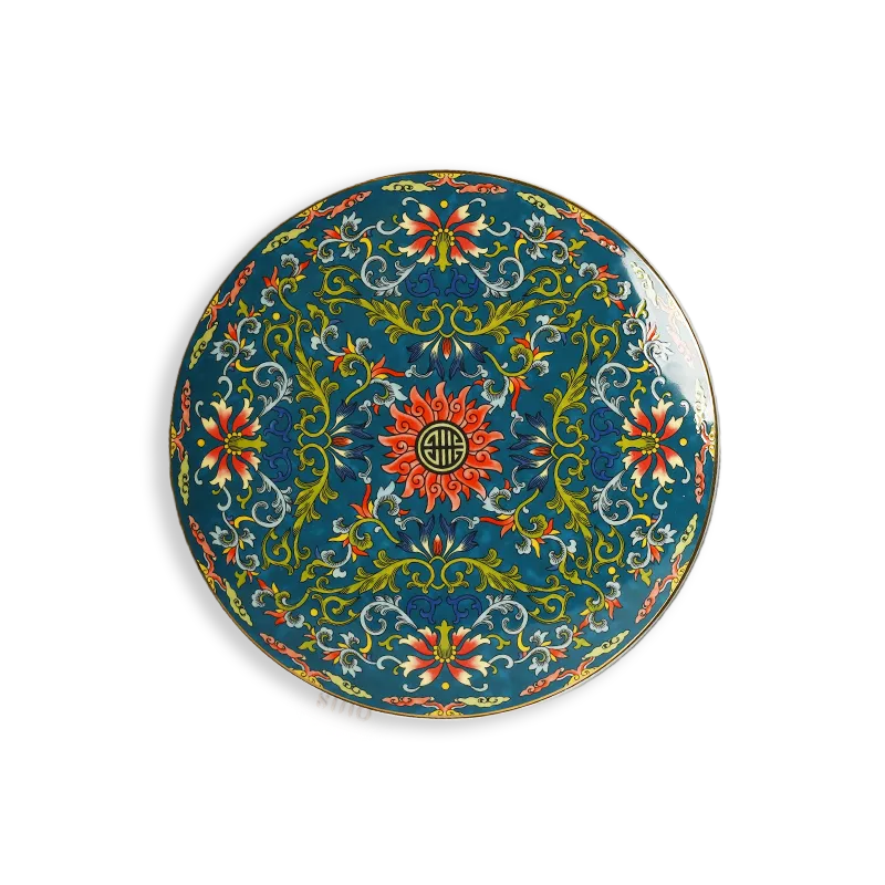 9’’ Chinoiserie Luxury Enamel Painting Bone China Round Dinner Plate on pure white background.