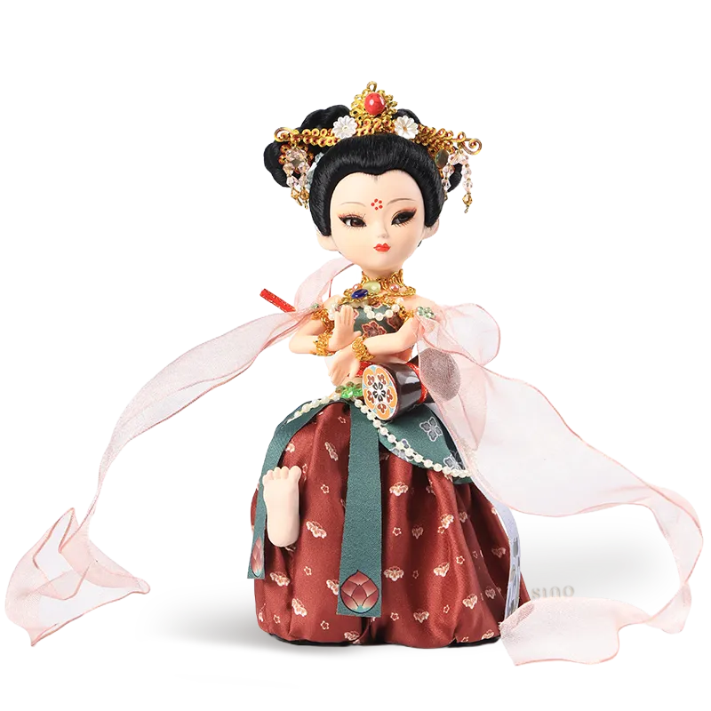 9-inch handmade Dunhuang Flying Apsara "Drumming Grace" doll front view with drumming pose, silk outfit, and flowing ribbons.