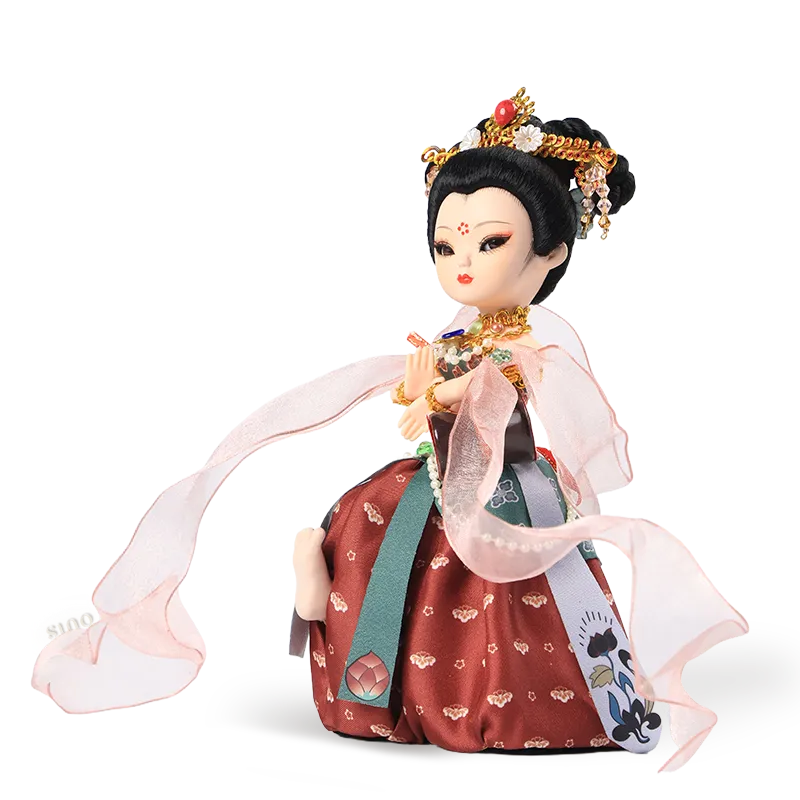 Left side view of 9-inch Dunhuang "Drumming Grace" doll showing silk skirt and floating ribbons.