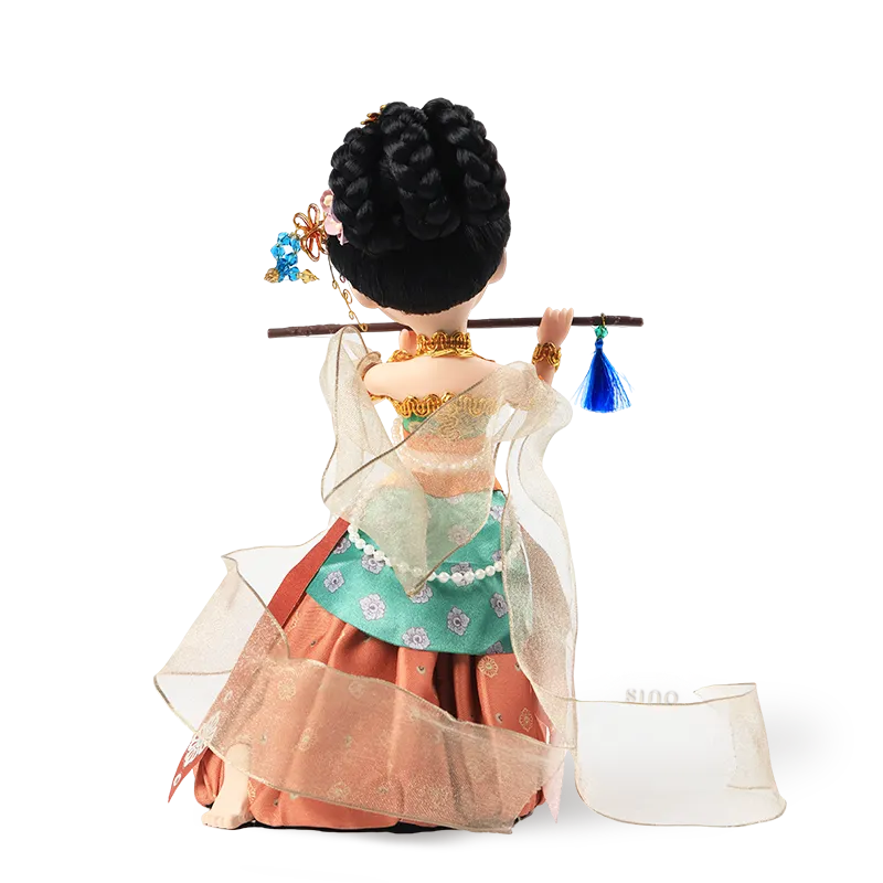 Back view of 9-inch handmade Dunhuang "Flute Song" doll with skirt details.