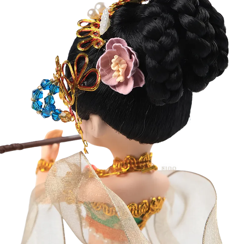 Back of head headdress detail of 9-inch Dunhuang "Flute Song" doll.