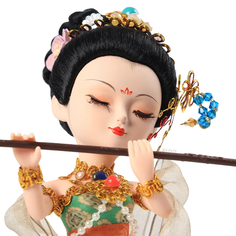 Head detail of 9-inch Dunhuang "Flute Song" doll playing flute.