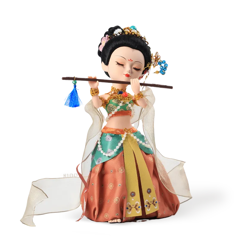 9-inch handmade Dunhuang Flying Apsara "Flute Song" doll main front view playing flute.
