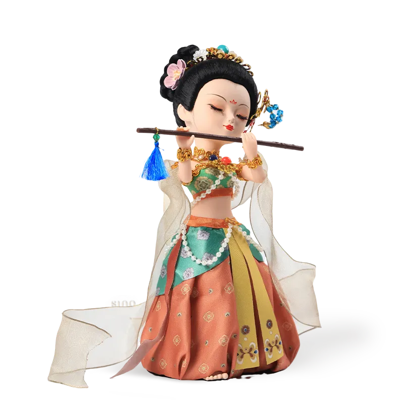 Right side view of 9-inch Dunhuang "Flute Song" doll showing flute and outfit.