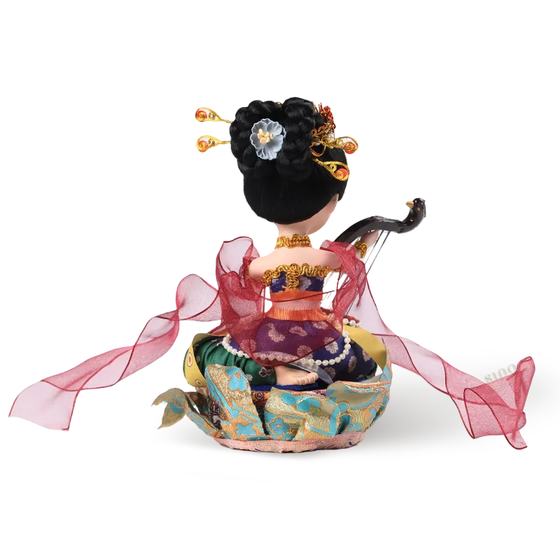 Back view of 9-inch handmade Dunhuang "Harp Melody" doll with detailed back skirt.