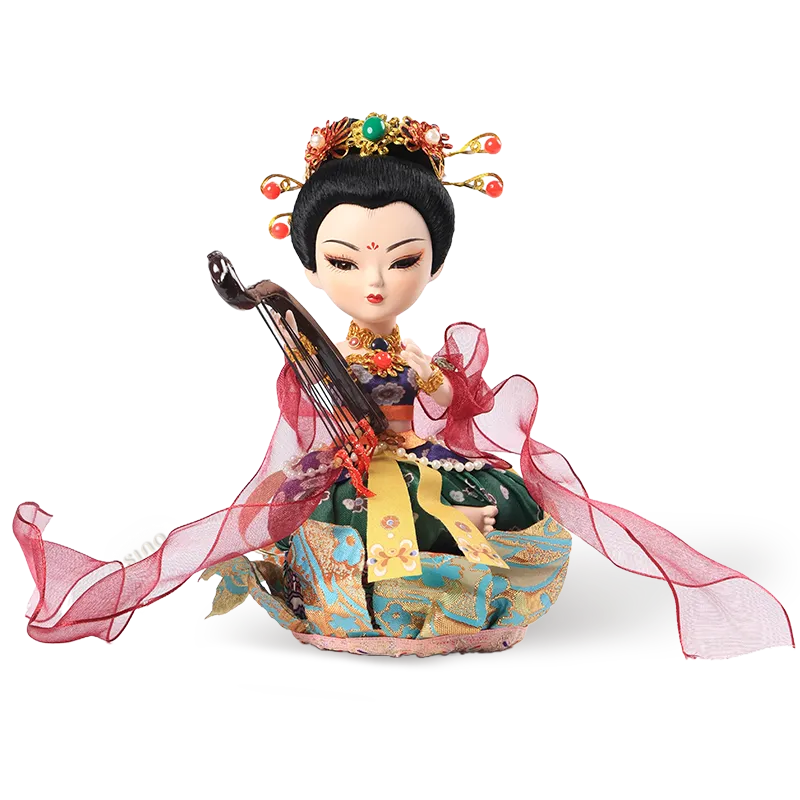 9-inch handmade Dunhuang Flying Apsara "Harp Melody" doll main front view playing harp.