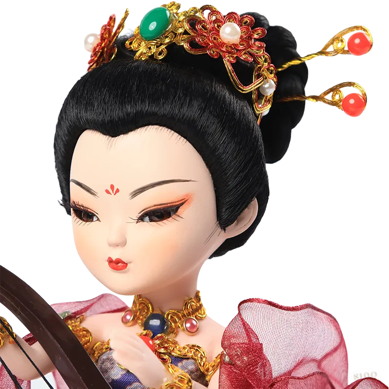 Closeup of 9-inch Dunhuang doll's left head with black hair and red hairpins.