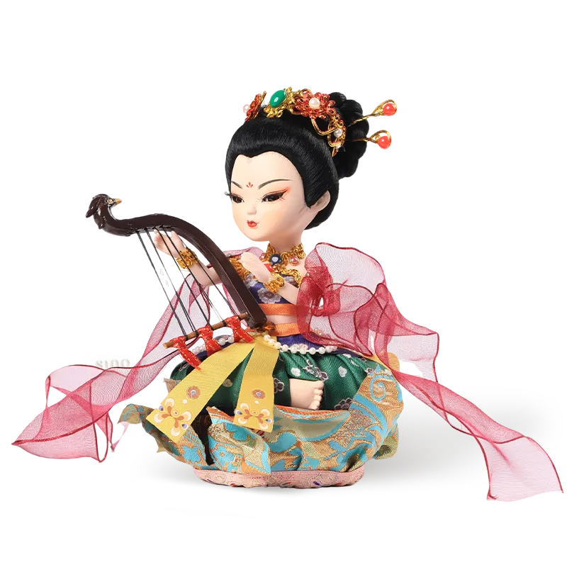 Left side view of 9-inch Dunhuang "Harp Melody" doll with flowing red ribbons.