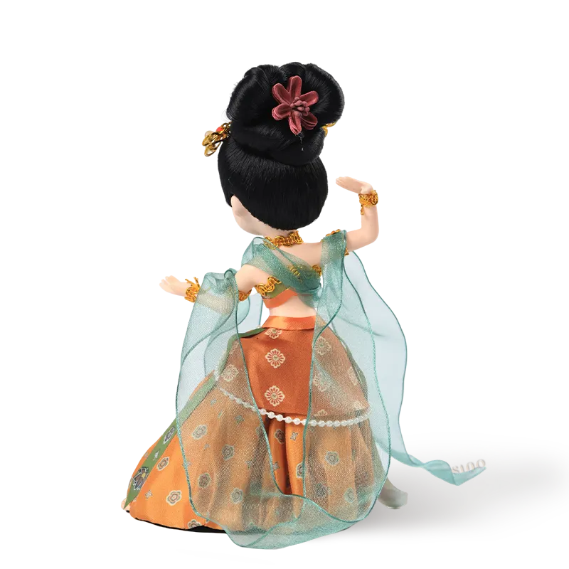 Back view of 9-inch handmade Dunhuang "Pipa Dance" doll with skirt details.