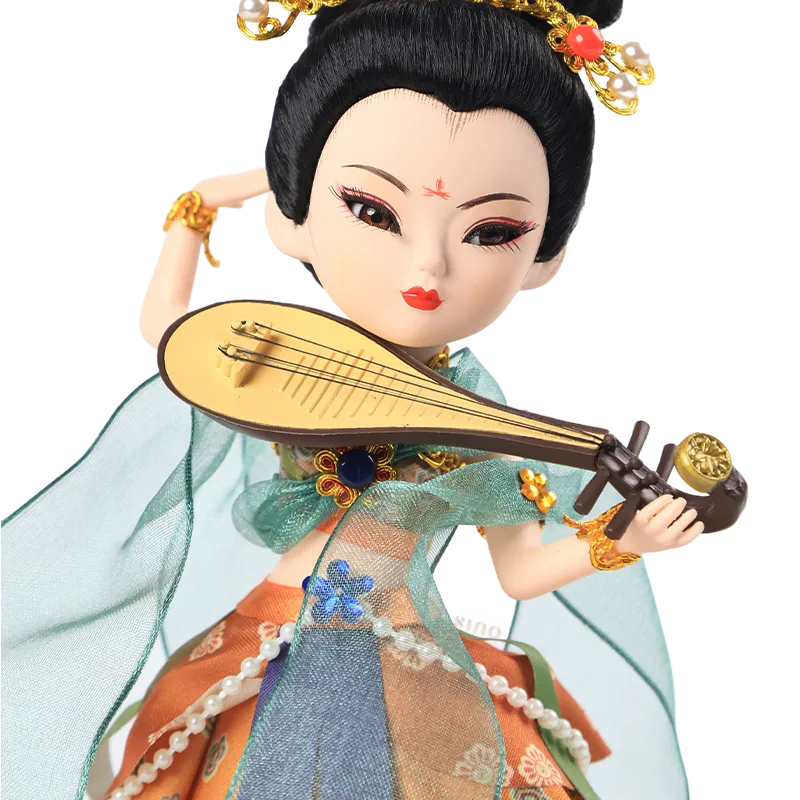 Front body detail of 9-inch Dunhuang "Pipa Dance" doll playing pipa.