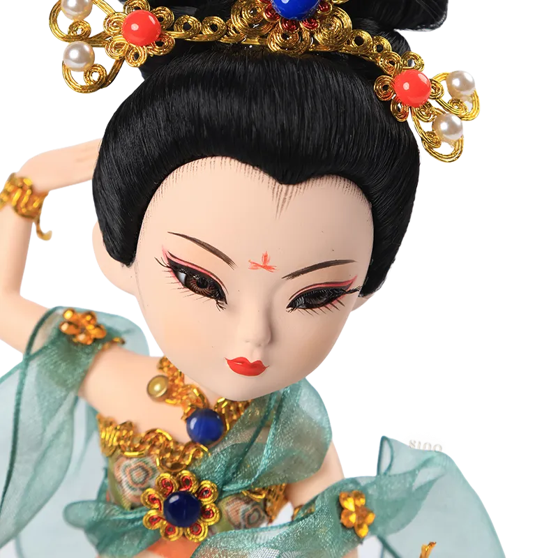 Face closeup of 9-inch Dunhuang "Pipa Dance" doll with red beauty mark.