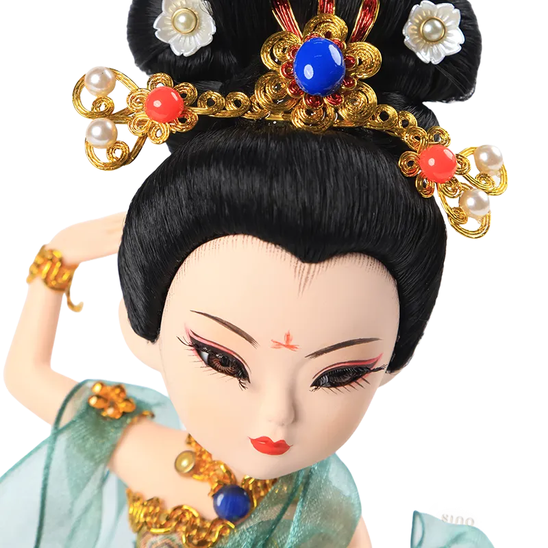 Head headdress detail of 9-inch Dunhuang "Pipa Dance" doll with jewels and flowers.