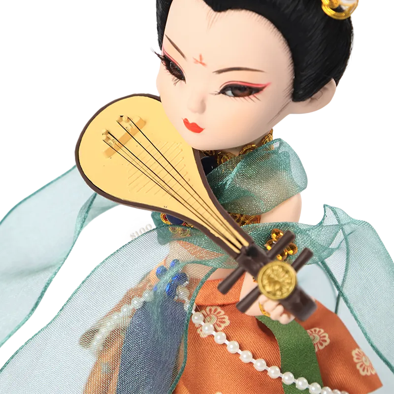 Left body outfit and pipa-playing action detail of 9-inch Dunhuang "Pipa Dance" doll.
