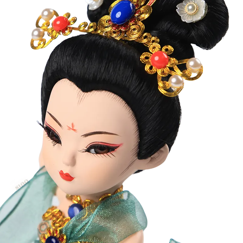 Left face detail of 9-inch Dunhuang "Pipa Dance" doll with expressive eyes.