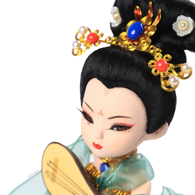Left head, face, and pipa-playing detail of 9-inch Dunhuang "Pipa Dance" doll.