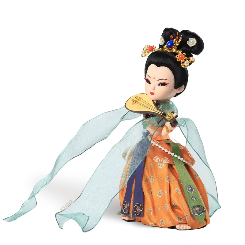 Left side view of 9-inch Dunhuang "Pipa Dance" doll with flowing green ribbons.