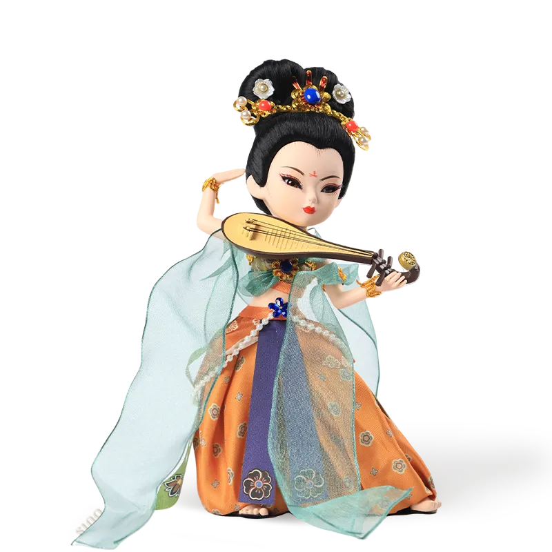 9-inch handmade Dunhuang Flying Apsara "Pipa Dance" doll main front view playing pipa.