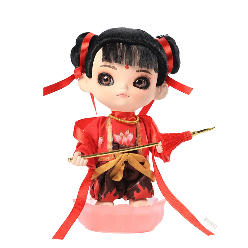 Front view of 9-inch Nezha Chinese doll holding weapon.