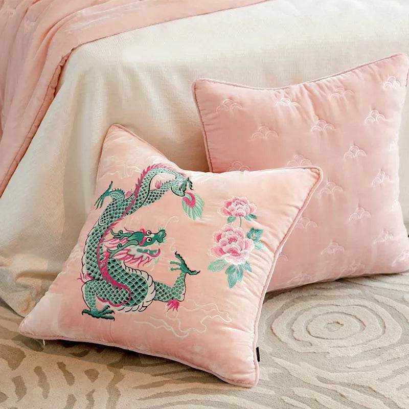 Chinoiserie Embroidery Loong and Peony Pink Throw Pillow - SinoCultural