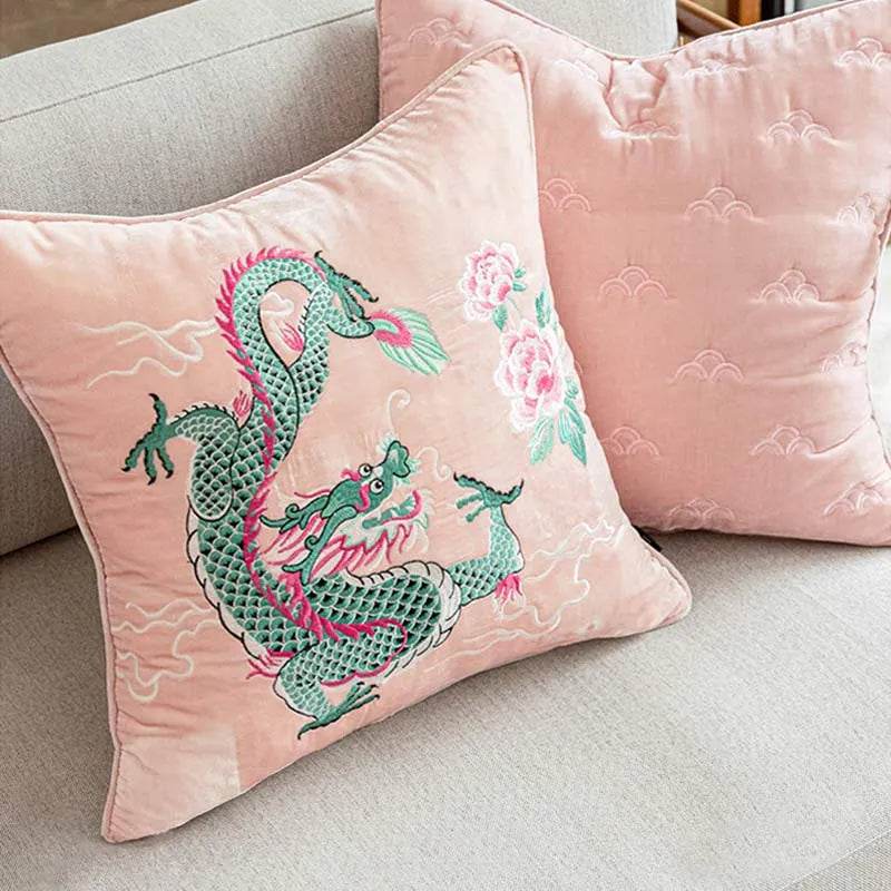 Chinoiserie Embroidery Loong and Peony Pink Throw Pillow - SinoCultural
