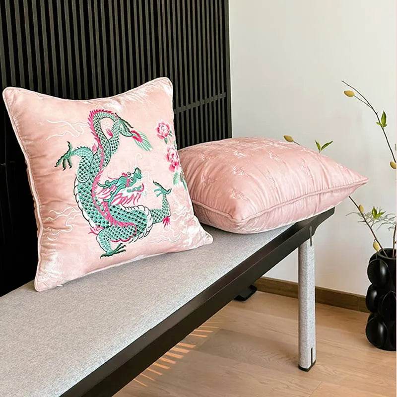 Chinoiserie Embroidery Loong and Peony Pink Throw Pillow - SinoCultural